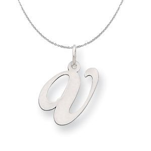 Silver, Ella Collection Medium Fancy Script Initial V Necklace - 20 In